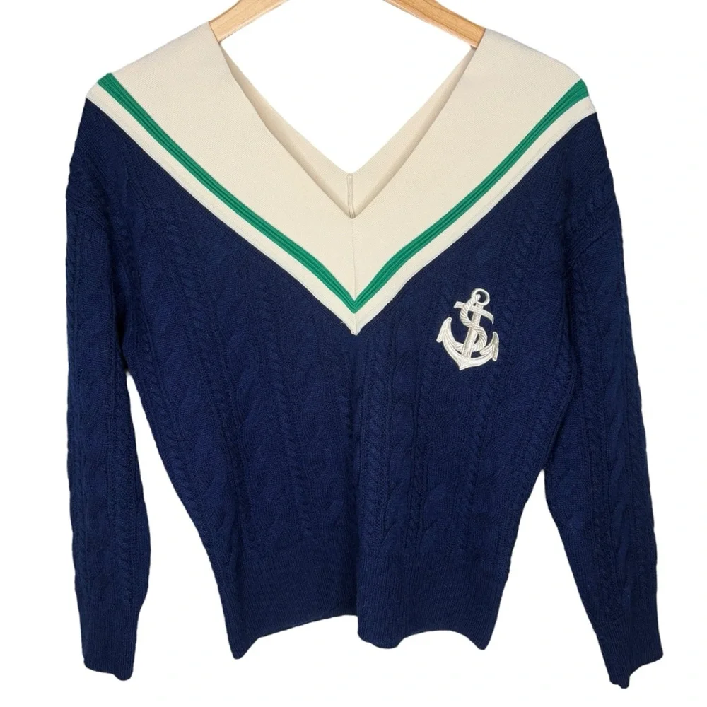 Sandro Guilhem cable knit sweater anchor navy blue green size 0 wool cashmere - Picture 2 of 8